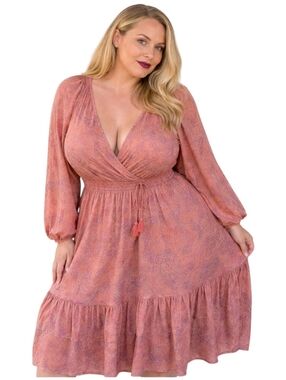 Anthropologie Boemo Boho Pink Wrap Dress Long Sleeve Tiered Waist Flowy Midi 2x